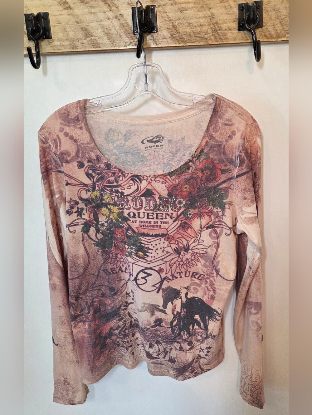 Roper Women's Western Cowgirl Tee T-shirt Sz M Long Sleeve Rodeo Queen Horses